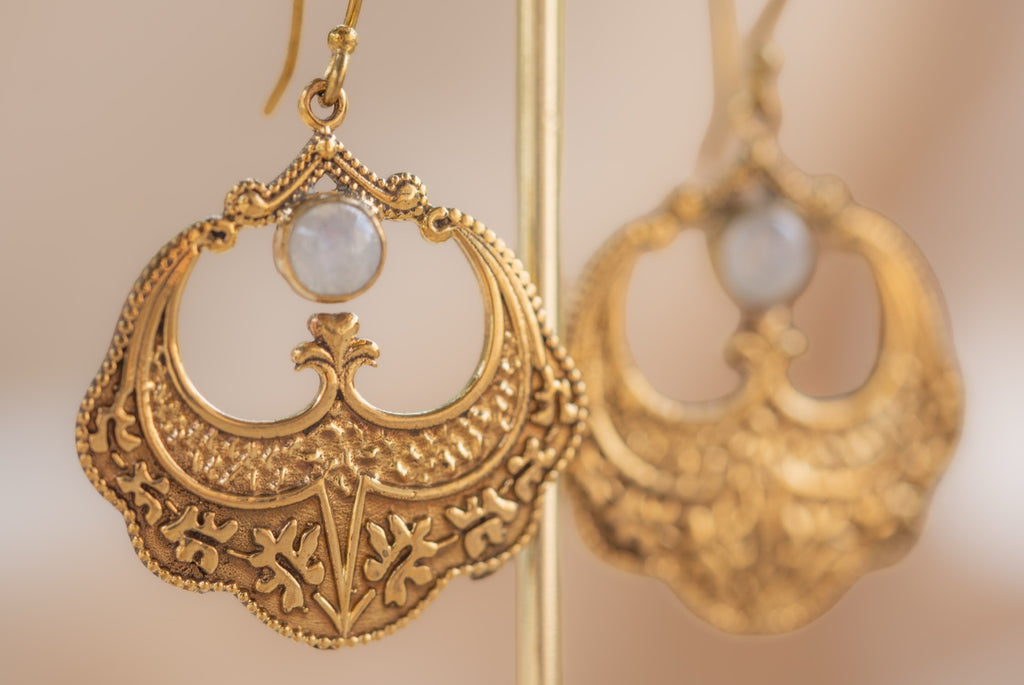 Petal Drop handmade brass earring with rainbow moonstone stone — Land of Sundara