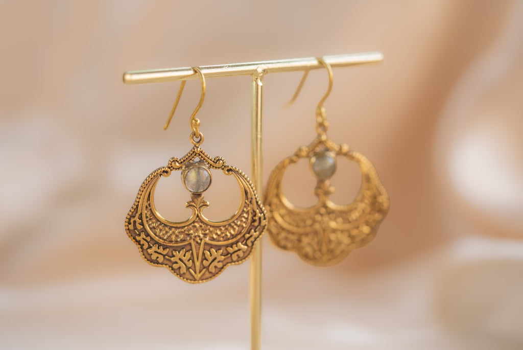 Petal Drop handmade brass earring with rainbow moonstone stone — Land of Sundara