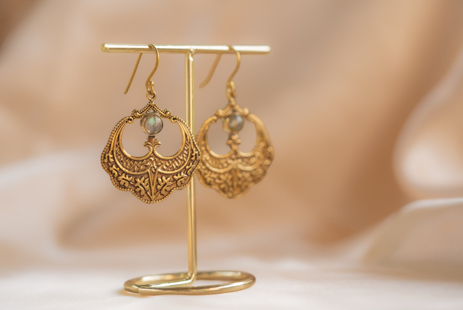 Petal Drop handmade brass earring with rainbow moonstone stone — Land of Sundara