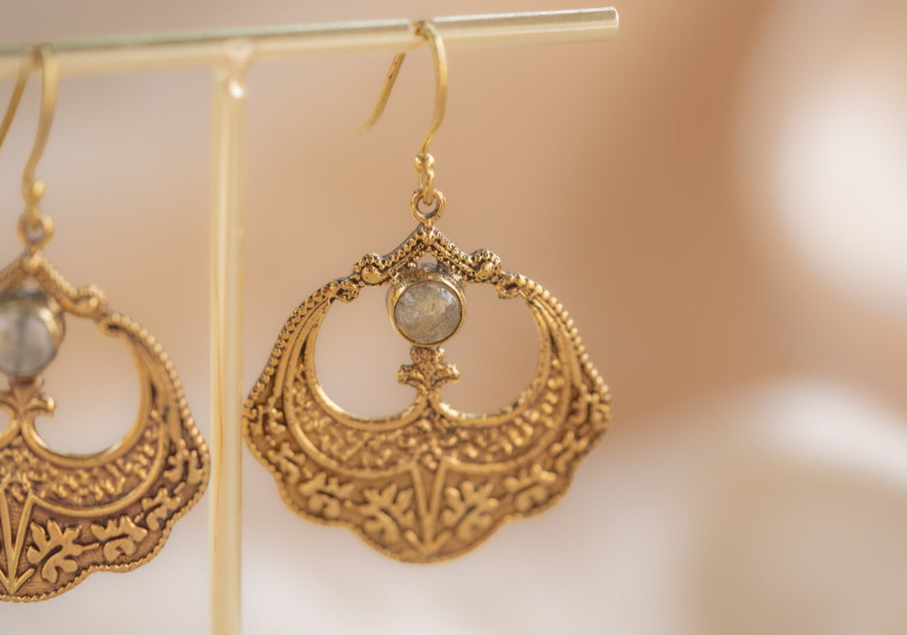 Petal Drop handmade brass earring with rainbow moonstone stone — Land of Sundara