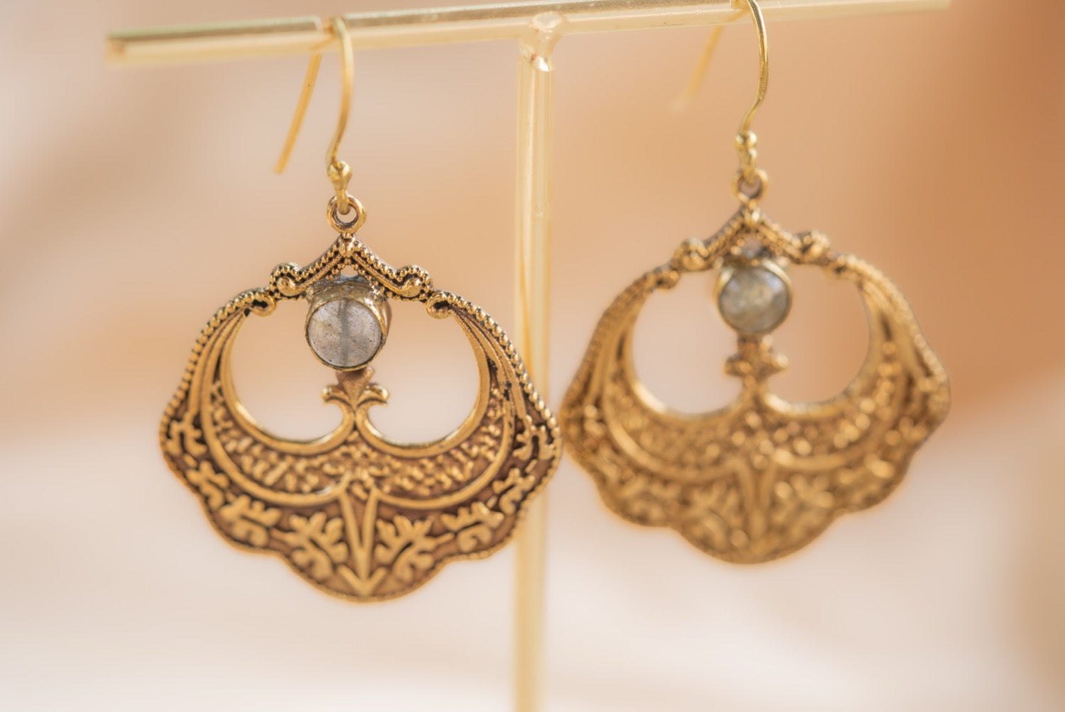 Petal Drop handmade brass earring with rainbow moonstone stone — Land of Sundara