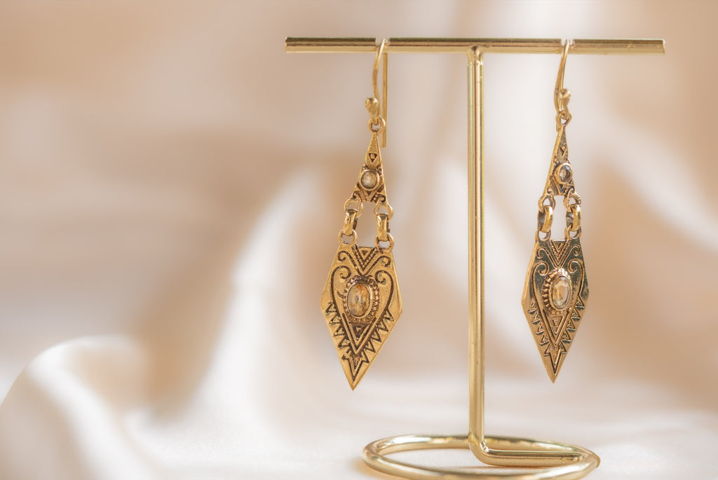 Little Oasis handmade brass earring with smoky quartz stone — Land of Sundara