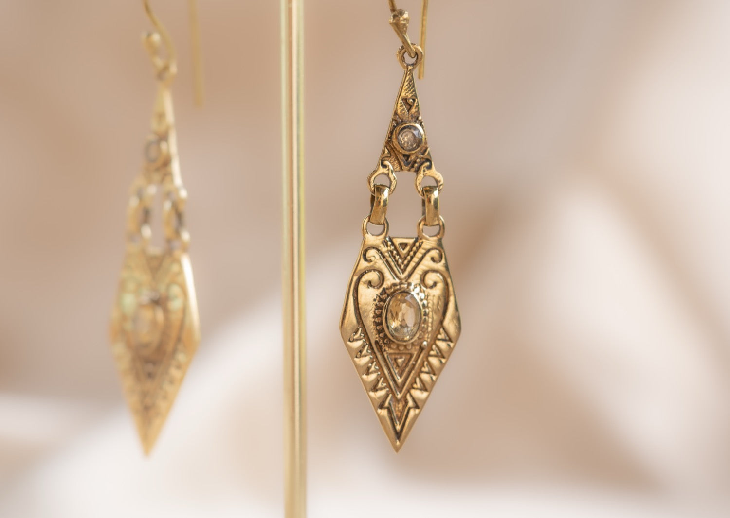 Little Oasis handmade brass earring with smoky quartz stone — Land of Sundara