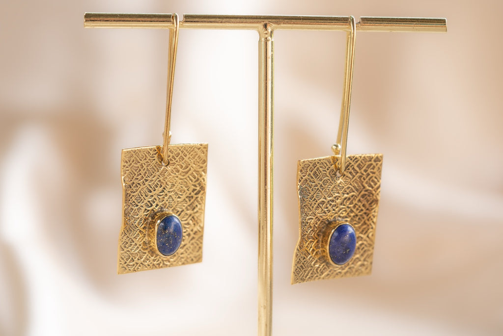 Talisman handmade brass earring with lapis lazuli stone — Land of Sundara