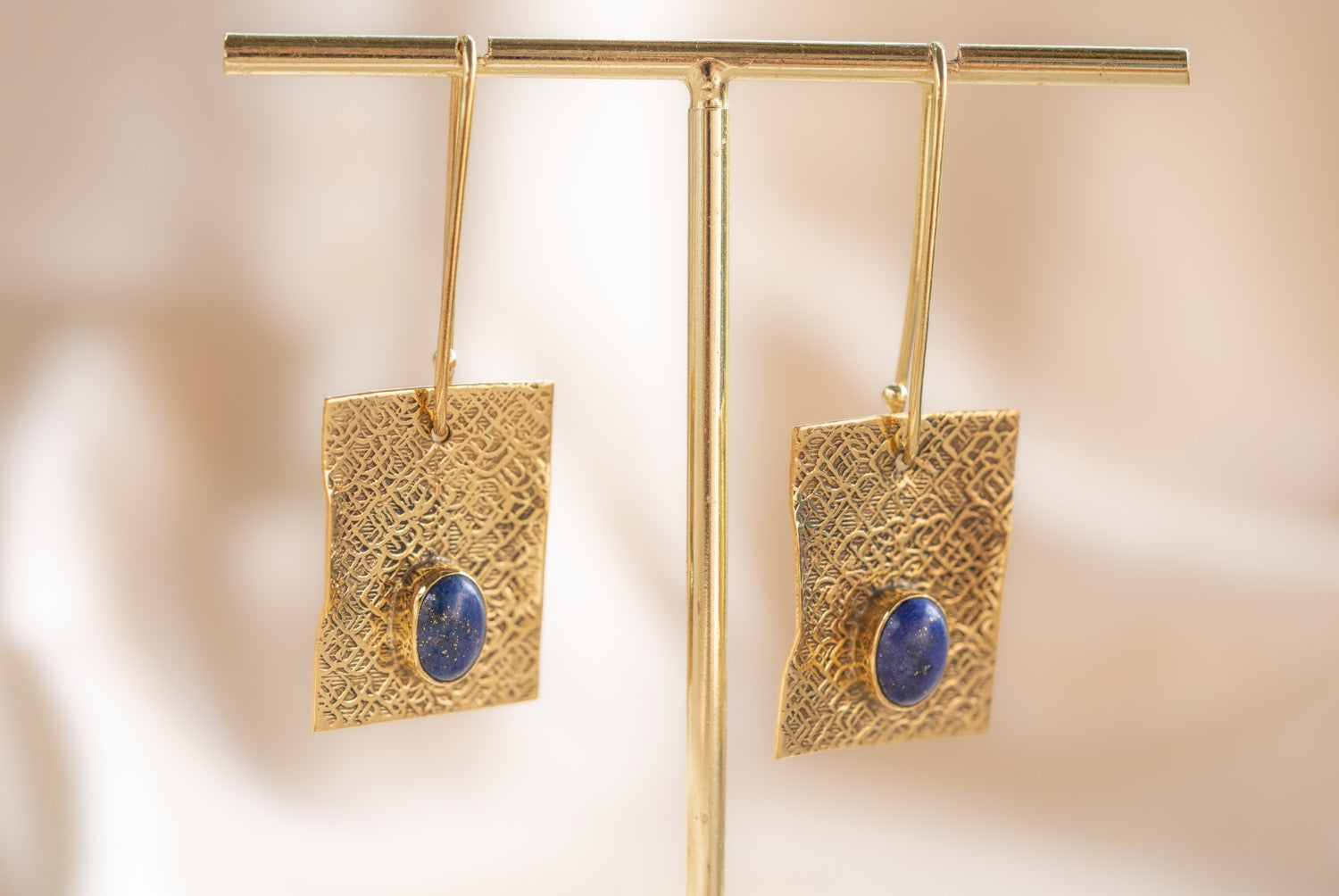 Talisman handmade brass earring with lapis lazuli stone — Land of Sundara
