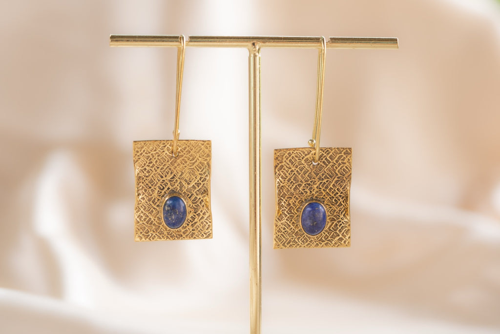 Talisman handmade brass earring with lapis lazuli stone — Land of Sundara