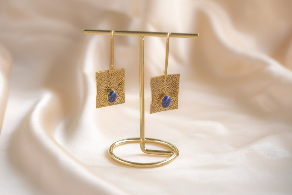 Talisman handmade brass earring with lapis lazuli stone — Land of Sundara