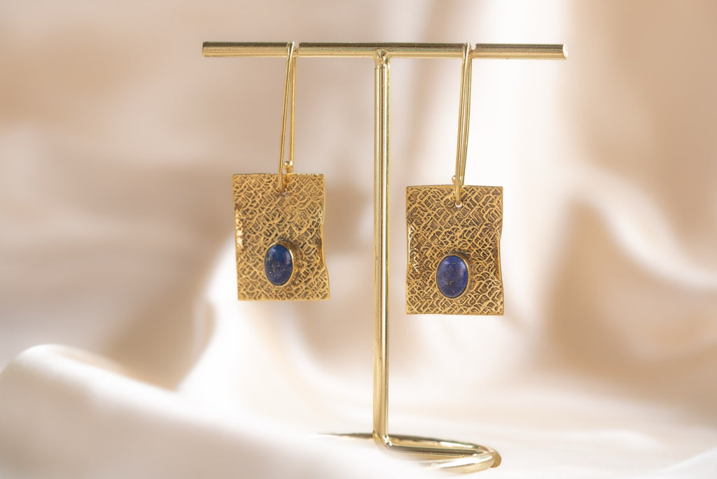 Talisman handmade brass earring with lapis lazuli stone — Land of Sundara
