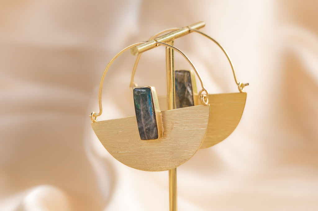 Prism Drop handmade brass earring with green chalcedony stone — Land of Sundara