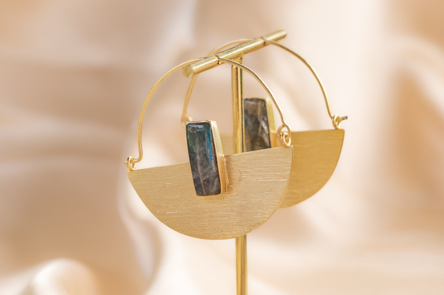 Prism Drop handmade brass earring with green chalcedony stone — Land of Sundara