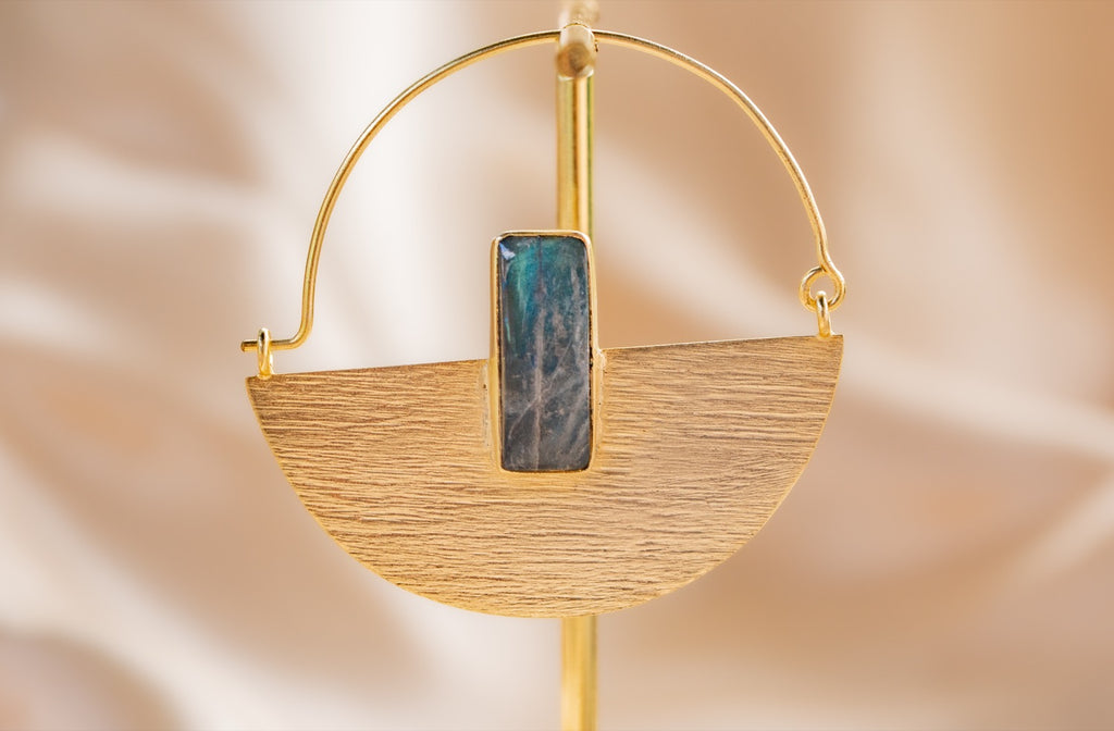 Prism Drop handmade brass earring with green chalcedony stone — Land of Sundara