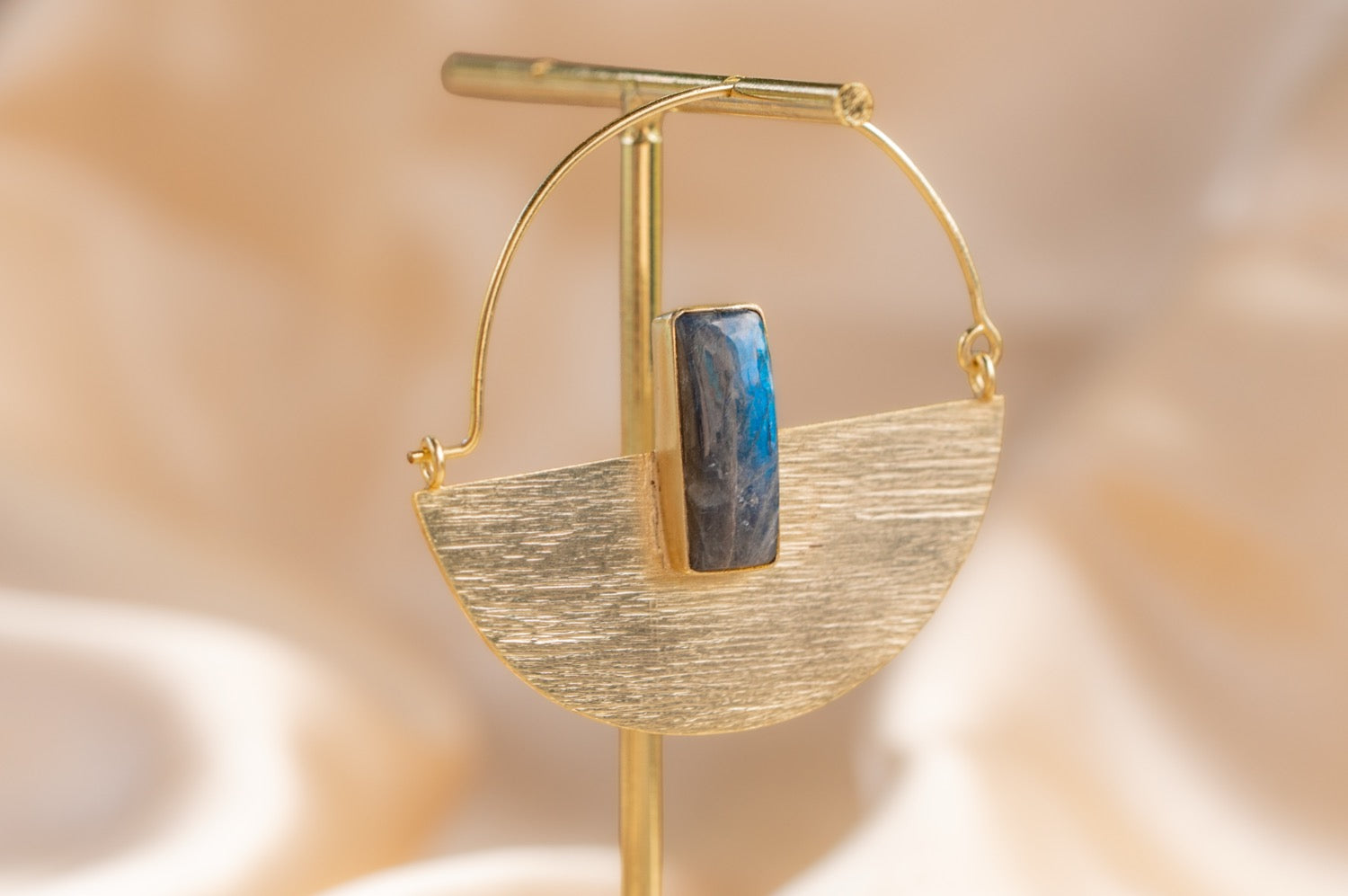 Prism Drop handmade brass earring with green chalcedony stone — Land of Sundara