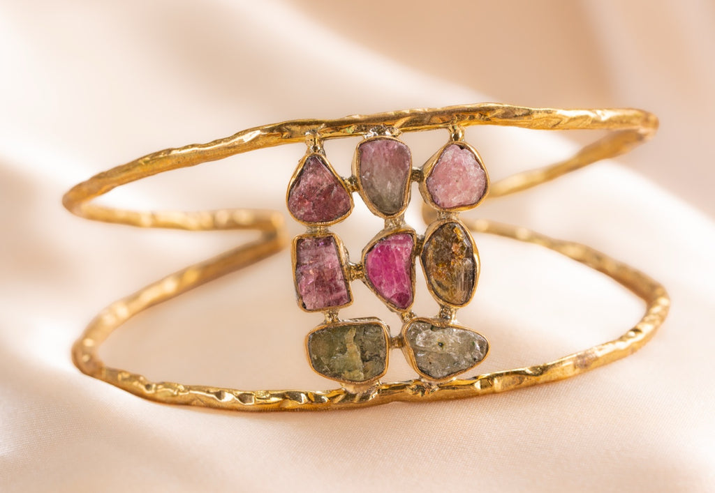 9 stone - 2 band cuff handmade brass bracelet in gold — Land of Sundara