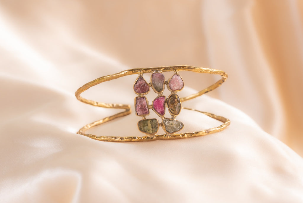 9 stone - 2 band cuff handmade brass bracelet in gold — Land of Sundara
