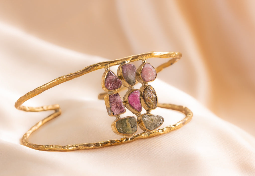 9 stone - 2 band cuff handmade brass bracelet in gold — Land of Sundara