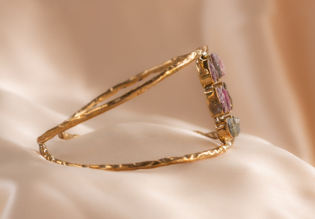 9 stone - 2 band cuff handmade brass bracelet in gold — Land of Sundara