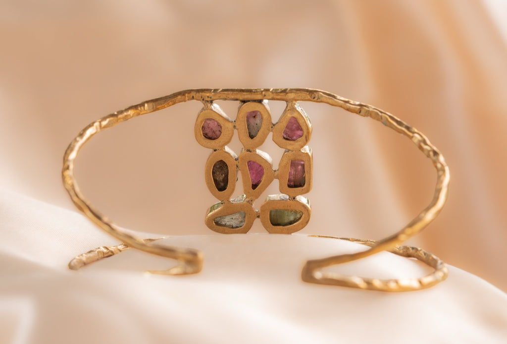 9 stone - 2 band cuff handmade brass bracelet in gold — Land of Sundara