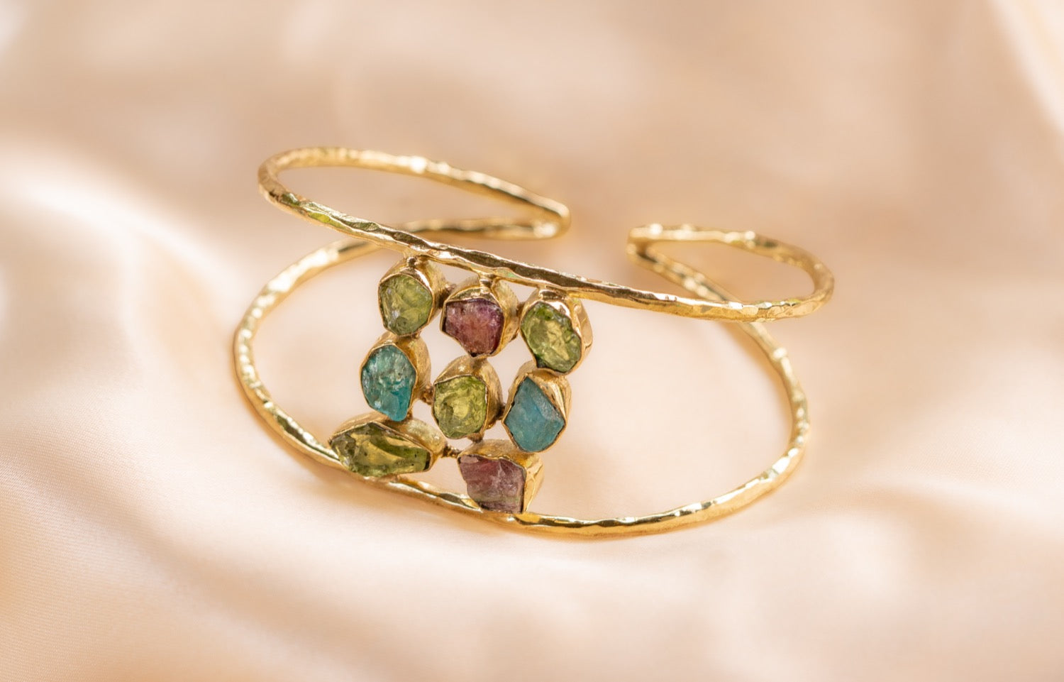 9 stone - 2 band cuff handmade brass bracelet in gold — Land of Sundara