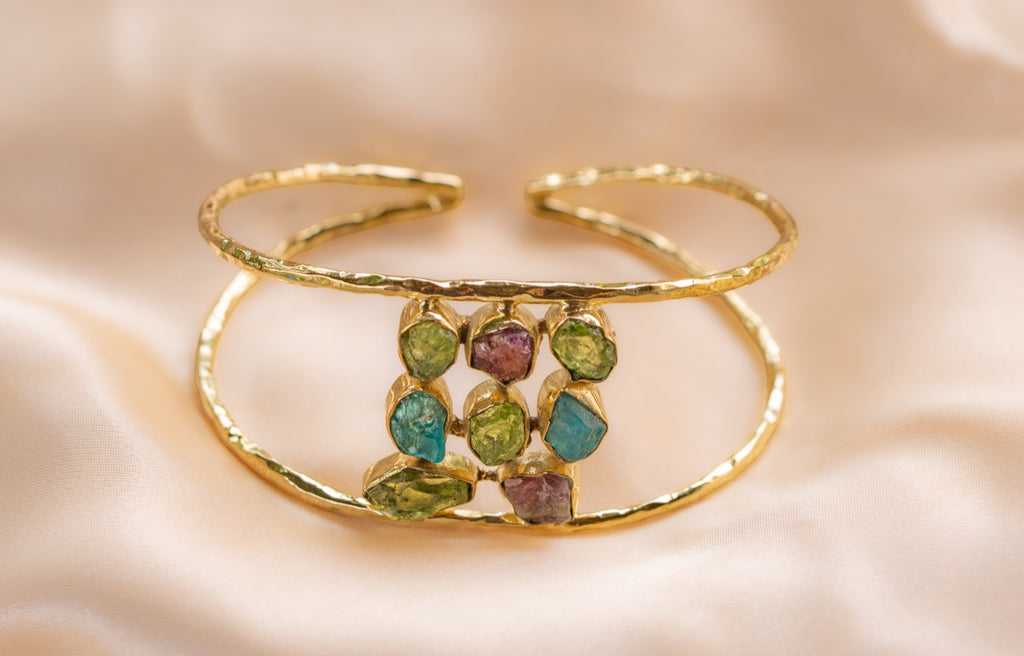 9 stone - 2 band cuff handmade brass bracelet in gold — Land of Sundara