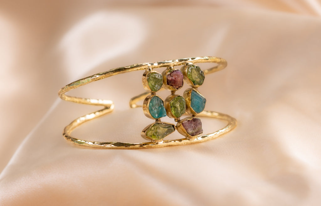 9 stone - 2 band cuff handmade brass bracelet in gold — Land of Sundara