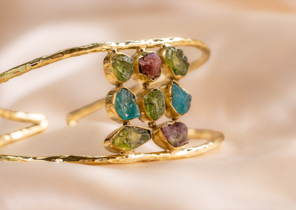 9 stone - 2 band cuff handmade brass bracelet in gold — Land of Sundara
