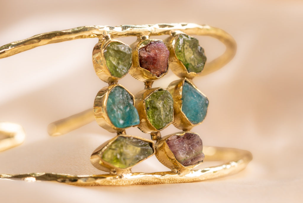 9 stone - 2 band cuff handmade brass bracelet in gold — Land of Sundara