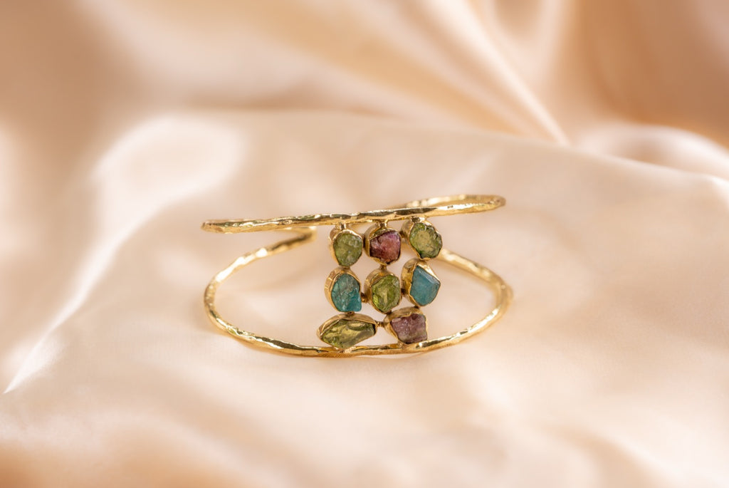 9 stone - 2 band cuff handmade brass bracelet in gold — Land of Sundara