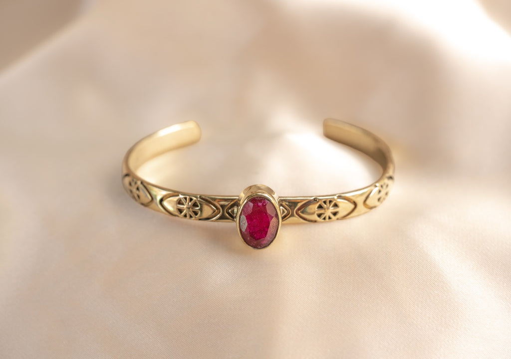 Sun band w gem handmade brass bracelet with ruby stone — Land of Sundara