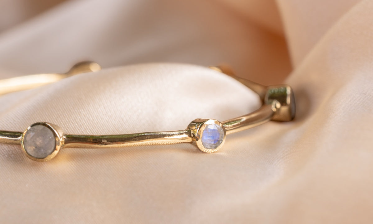 Aurelia Opal Bangle handmade brass bracelet with moon stone stone — Land of Sundara