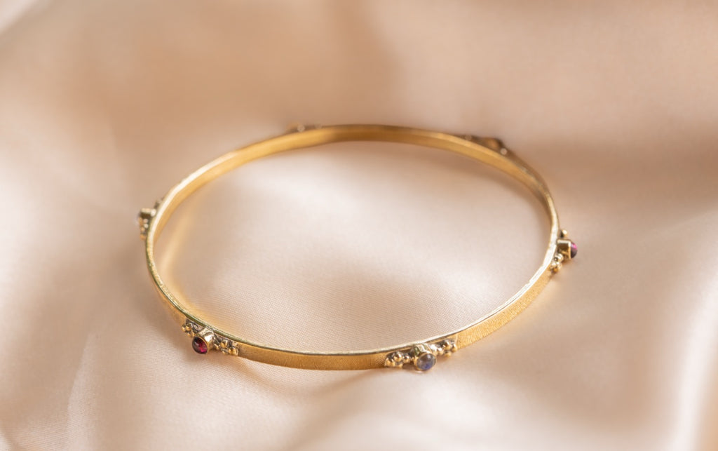 Slim favourite bracelet handmade brass bracelet with amethyst / moonstone / garnet stone — Land of Sundara