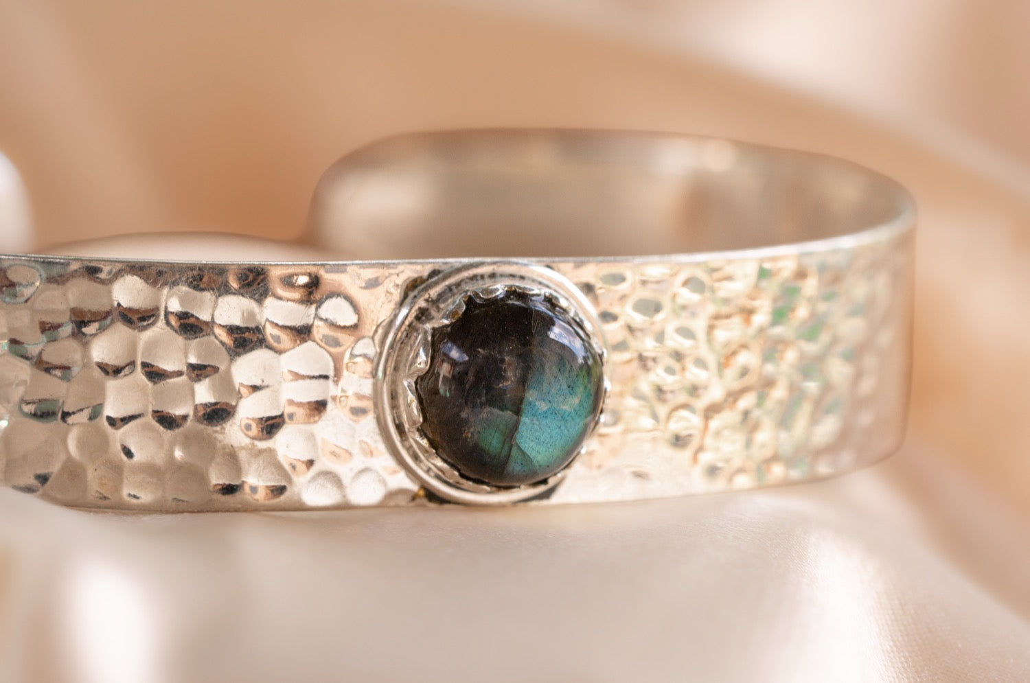Hammered silver w blue gem handmade silver plated bracelet with labradorite stone — Land of Sundara