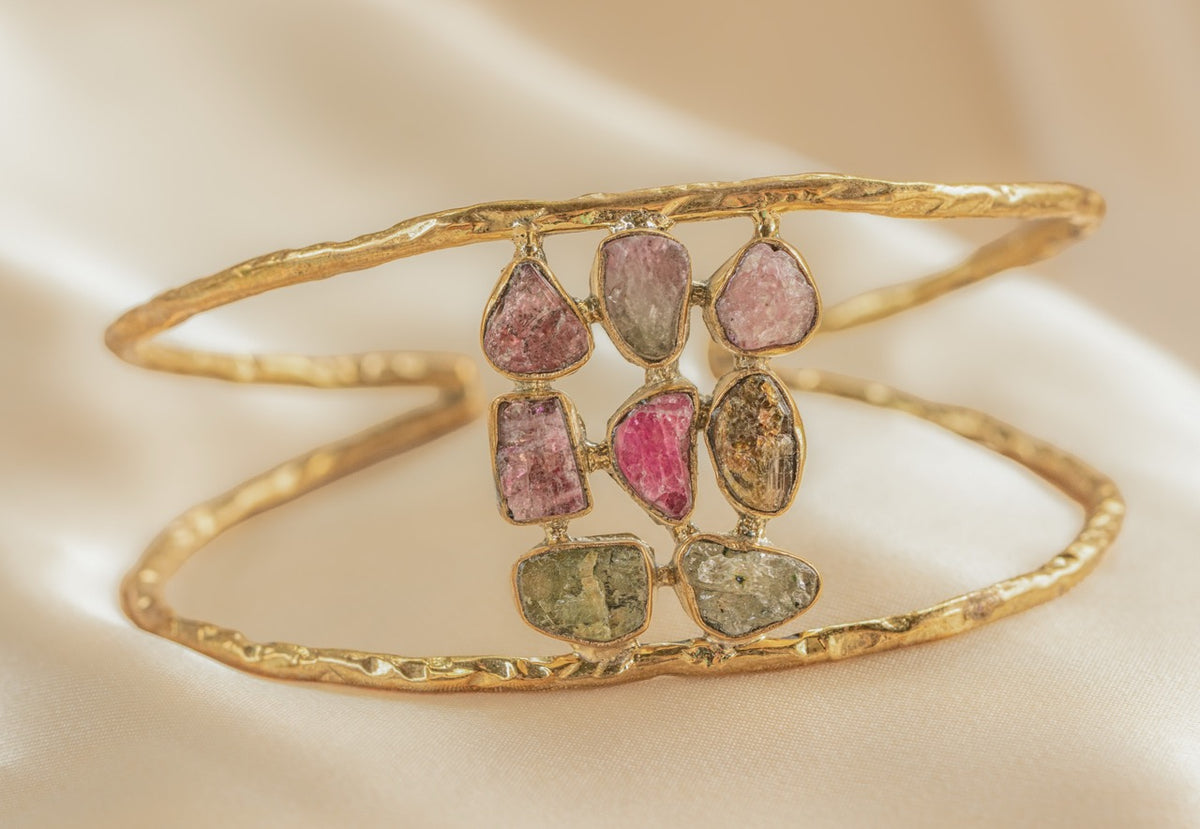 Aluna Stone Cuff – Rose handmade brass bracelet in gold — Land of Sundara