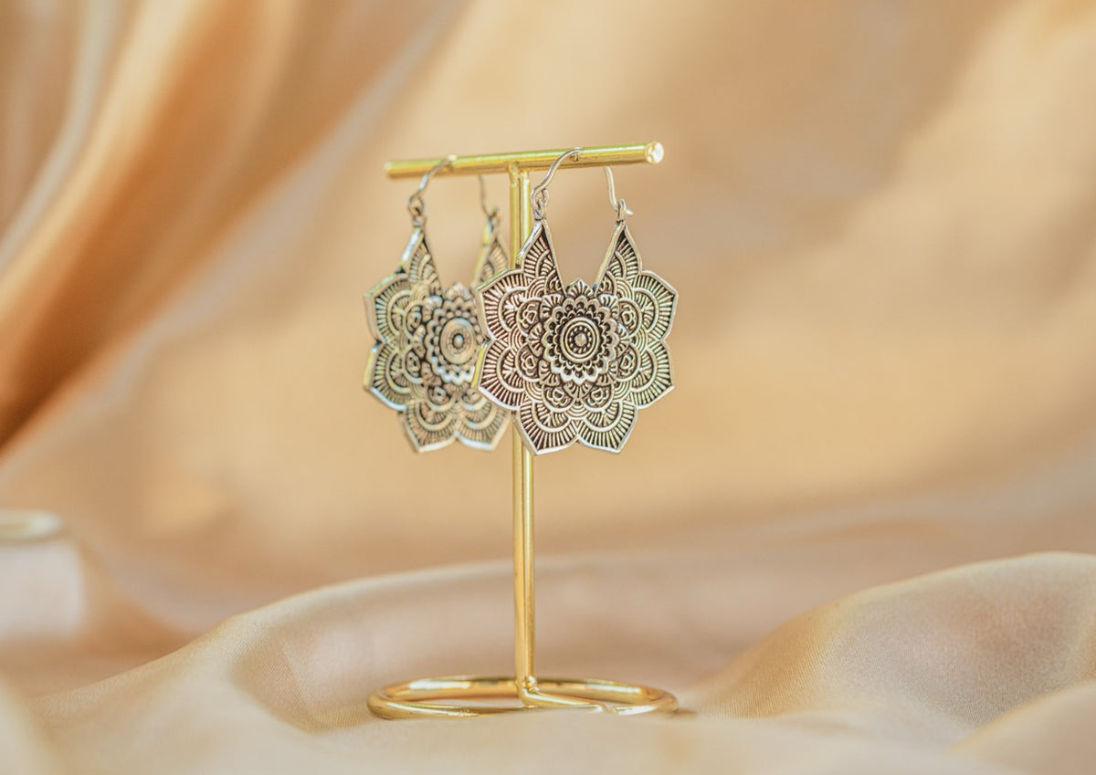Mandala Bloom Earring handmade silver plated earring in silver — Land of Sundara