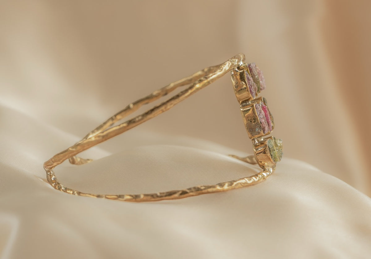Aluna Stone Cuff – Rose handmade brass bracelet in gold — Land of Sundara