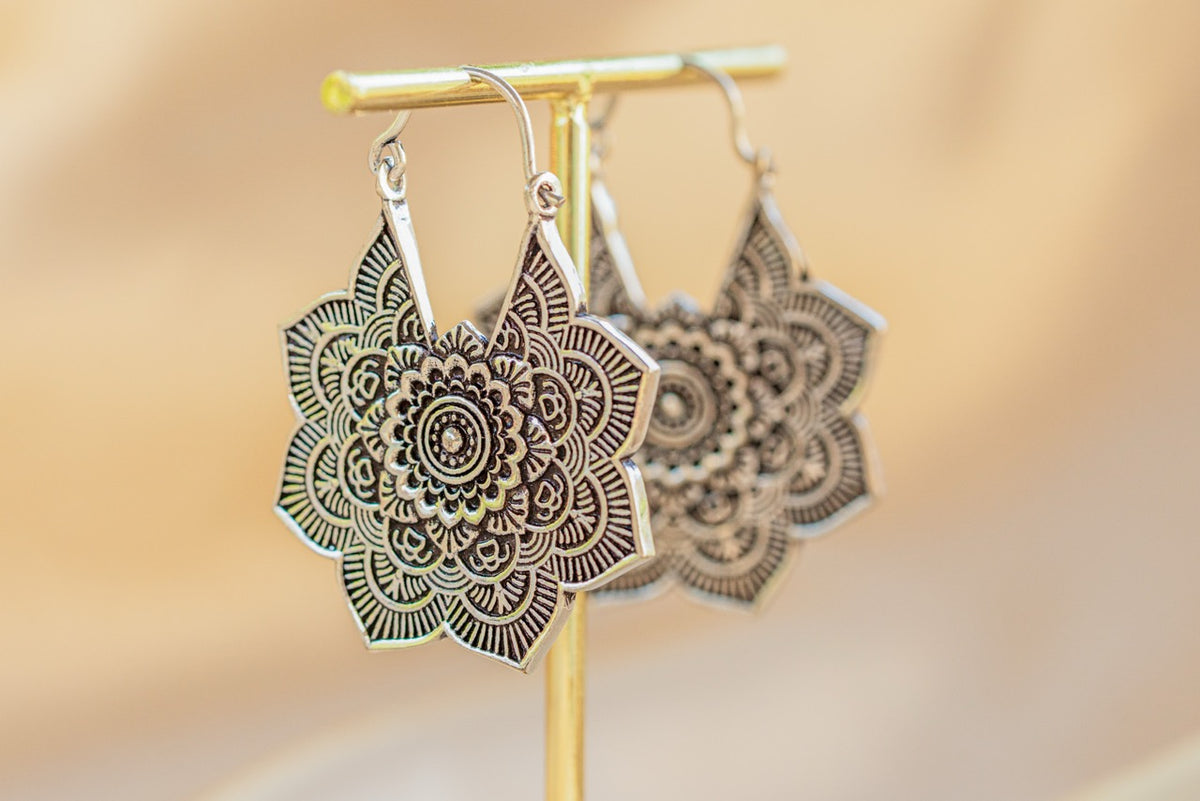 Mandala Bloom Earring handmade silver plated earring in silver — Land of Sundara