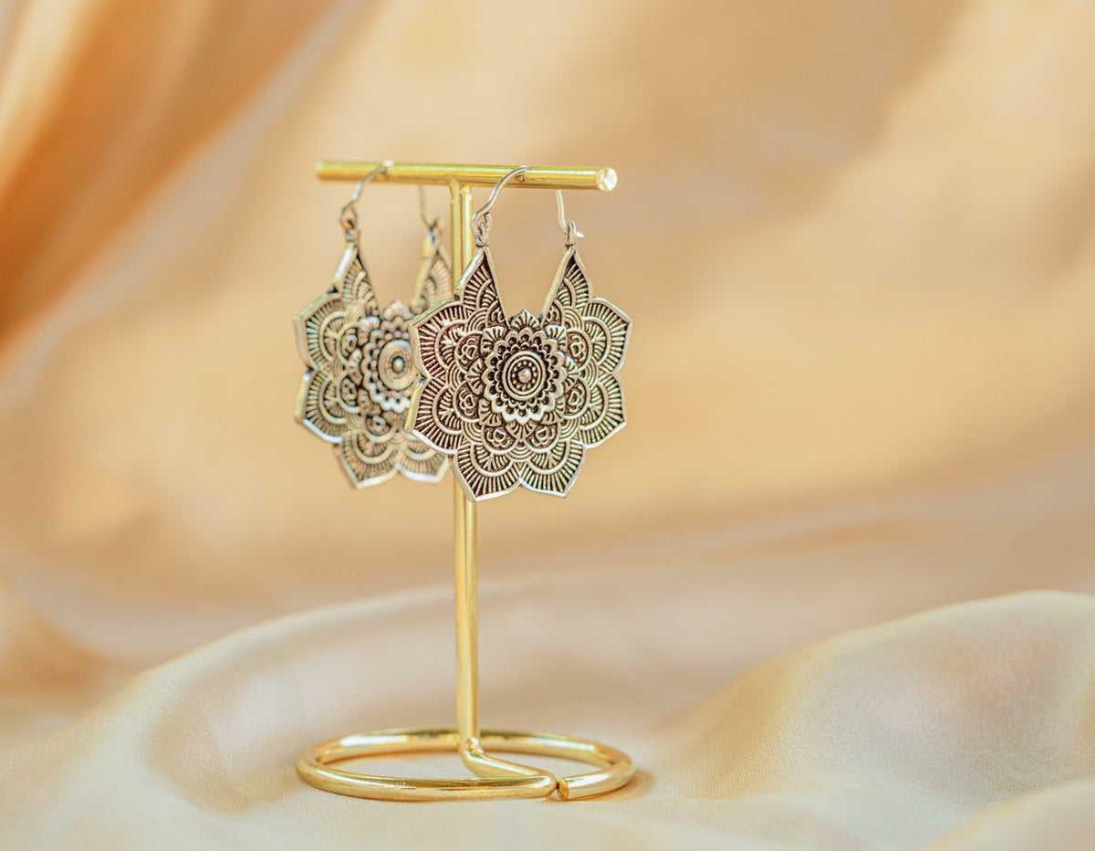 Mandala Bloom Earring handmade silver plated earring in silver — Land of Sundara