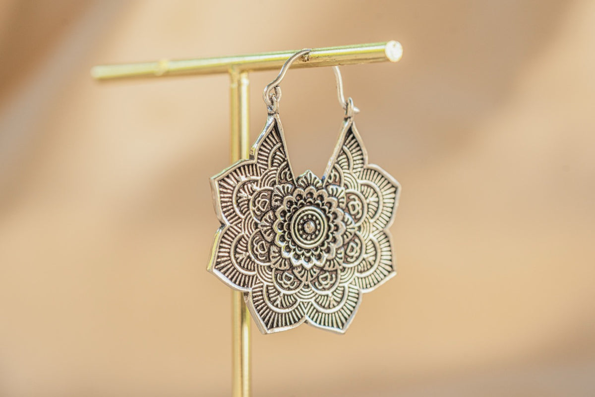 Mandala Bloom Earring handmade silver plated earring in silver — Land of Sundara