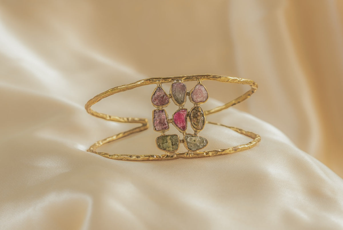 Aluna Stone Cuff – Rose handmade brass bracelet in gold — Land of Sundara
