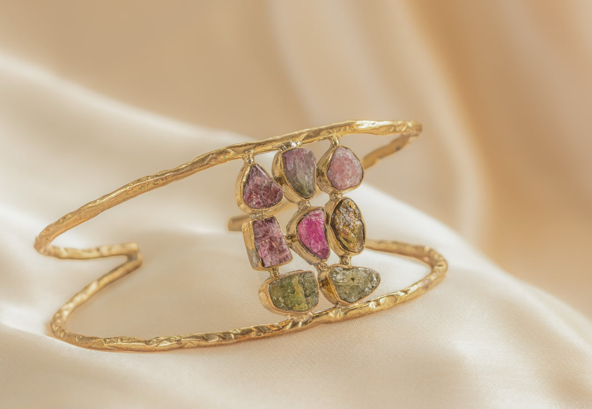 Aluna Stone Cuff – Rose handmade brass bracelet in gold — Land of Sundara