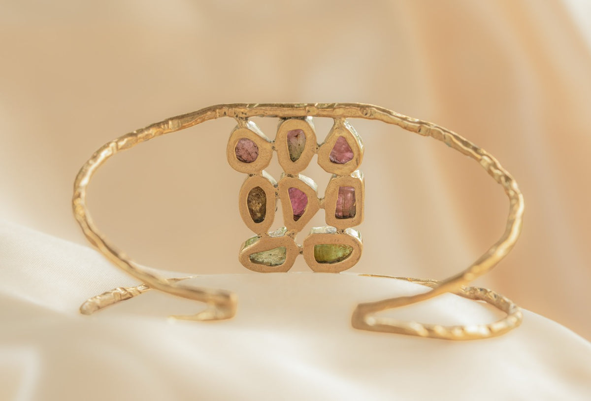Aluna Stone Cuff – Rose handmade brass bracelet in gold — Land of Sundara